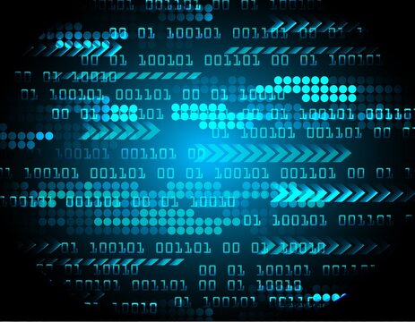 A dynamic blue digital background featuring binary code, pixel patterns, and abstract arrows, representing data flow and technology.