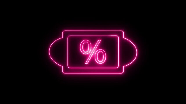Pink glowing neon percentage sign animation appearing within a rounded rectangular frame with side tabs on a black background, discount, sale, promotion, marketing, or special offer