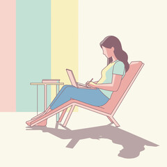 Woman working on laptop in lounge chair, pastel colors, remote work, freelance lifestyle