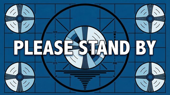 Vintage TV test pattern with Please Stand By text. Retro blue broadcast interruption screen, old television technical difficulties, no signal error or offline loading graphic background.
