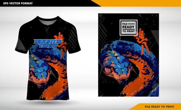 Dynamic Sports Team Jersey Design with Aggressive Intertwined Blue and Orange Snake Illustration, Vector Template Ready for Print