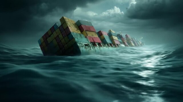 Container ship listing dangerously in heavy storm at sea, with dramatic dark clouds and huge waves, representing shipping crisis or risk.