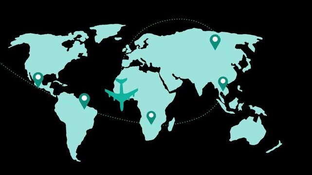 World Map with Airplane and Travel Markers Animation