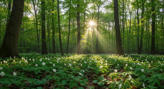 Sunbeams pierce through lush green forest canopy illuminating a carpet of white wildflowers