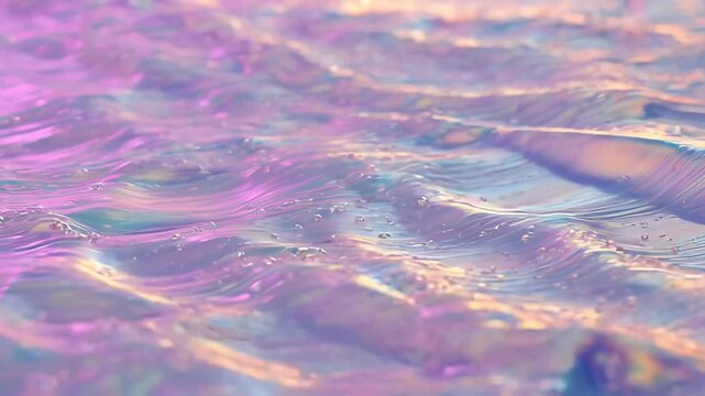 Abstract iridescent pearlescent waves with liquid texture and metallic glow, futuristic holographic silk ripples, aesthetic 3D animation for luxury brand background