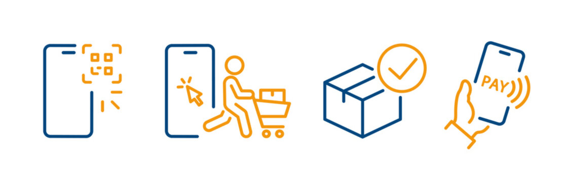 online shopping icons, set icon of scanning QR code, selecting  product via smartphone, order confirmation and online payment, ecommerce line vector with editable stroke
