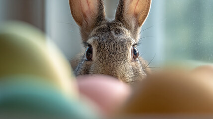 Obraz premium Curious young rabbit looks directly at camera with colorful easter eggs in soft focus foreground.