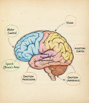 human brain with color-coded regions and labeled functions, including motor control, speech (Broca's area), vision, auditory cortex, memory processing (hippocampus), emotional processing (amygdala).