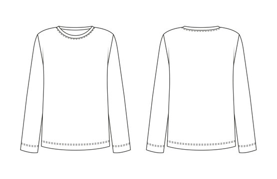 Front and back longsleeve technical drawing, longsleeve template for women casual apparel design, clean flat outline ready for branding and ecommerce use.