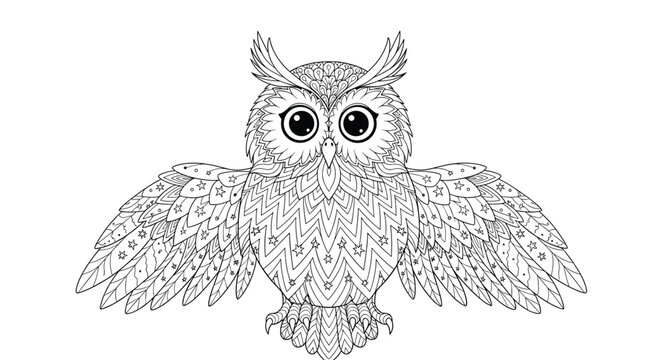 Intricate black and white drawing of a majestic owl with its wings spread wide showing detailed feathers and celestial star patterns for coloring.
