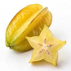 Fototapeta premium Ripe Tropical Starfruit with Star-Shaped Slice and Seeds