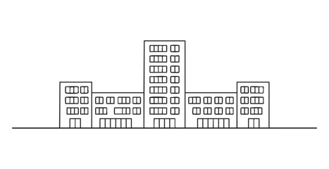 Naklejka premium Modern city building line art vector illustration with multiple structures and high-rise apartment