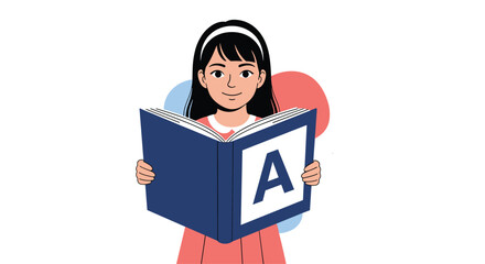 Obraz premium Smiling young girl with a white headband holds up a large blue book with a bold letter A on the cover while standing against colorful shapes.