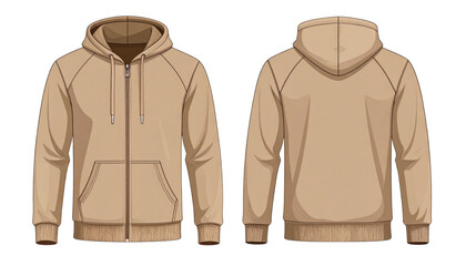 Tan quilted jacket with front pockets and hood displayed from front and back views. isolated on transparent background