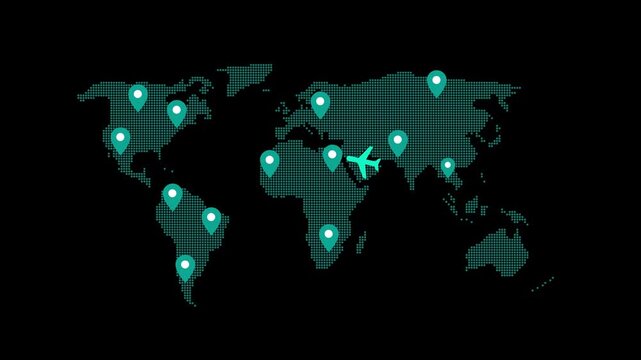 World Map with Location Pins and Airplane Icons Animation