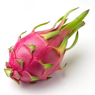Vibrant pink dragon fruit with green scales isolated on white background