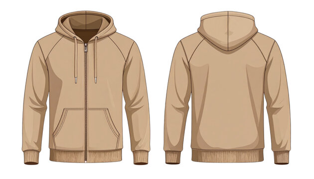 Tan quilted jacket with front pockets and hood displayed from front and back views. isolated on transparent background