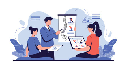 Fototapeta premium Medical professionals discuss spinal health and physical therapy exercises using a chart and tablet in a clinic.