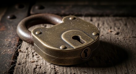 Vintage padlock on rustic wooden surface with metal plate