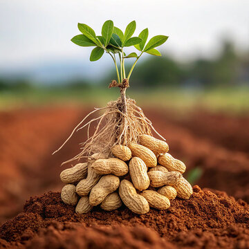 Fresh Harvested Raw Peanuts with Green Plant and Roots on Earthy Soil Background