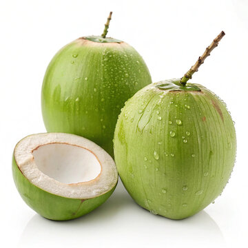 Two Whole and One Half Cut Refreshing Tender Green Coconut Fruit.