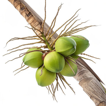 Close up of fresh green tender coconuts bunch hanging on palm tree branch.