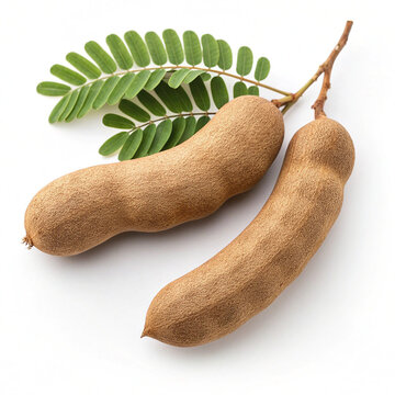 Fresh Tamarind Pods and Green Leaves Isolated on White Background.