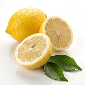 Fresh Juicy Lemons with Slices and Green Leaves on White Background.