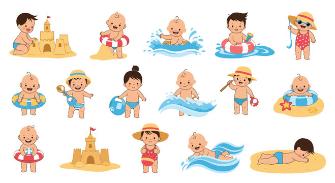 Collection of adorable babies enjoying summer beach activities like building sandcastles, swimming, and playing with toys in the sun.