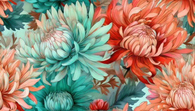 chrysanthemums in shades of coral and teal watercolor flower seamless pattern watercolor print in rustic vintage style textile or wallpapers