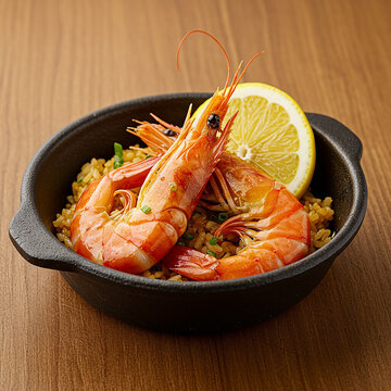 Gourmet Mediterranean Rice Dish with King Shrimps and Lemon Garnish in Cast Pan.