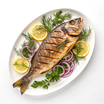 Delicious Mediterranean Grilled Fish Platter Isolated on White Background