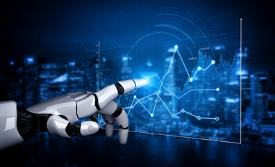A futuristic robot hand interacts with glowing data graphs on a digital screen, illustrating advanced technology concepts in a modern city environment. Scalp