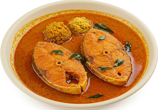 Spicy Indian fish curry on white background.