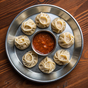 High Angle View of Steamed Vegetable Momos Served with Spicy Red Chutney on a Metal Plate