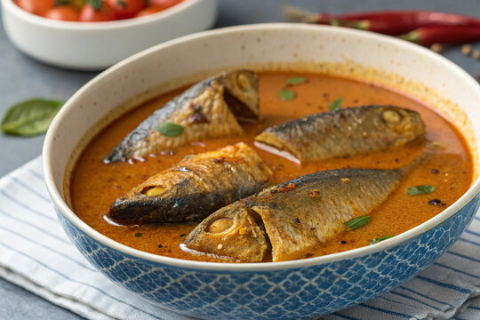 Fish Curry in Spicy Red Gravy Curry Served in a Ceramic Bowl
