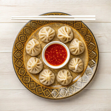 Traditional Steamed Momos with Spicy Red Chutney on Ornamental Plate