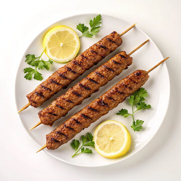 Grilled Seekh Kebabs with Lemon and Parsley on White Plate