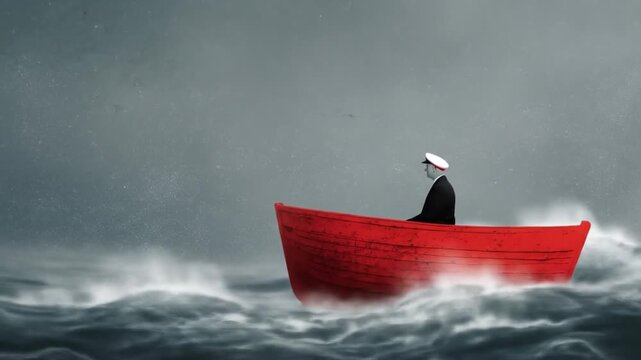 Solitary man in a small red boat navigating a stormy, turbulent sea under a dark sky, conceptualizing struggle, crisis, and isolation.