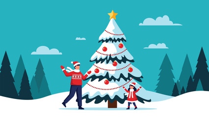 Fototapeta premium Happy man and young girl in festive red sweaters decorating a snowy outdoor Christmas tree together in a beautiful winter landscape.