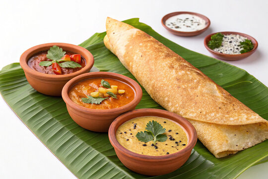 South Indian Breakfast - Masala Dosa with Sambar and Coconut Chutney
