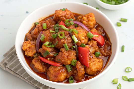 Traditional Indian Chinese Veg Manchurian with Spring Onions and Peppers