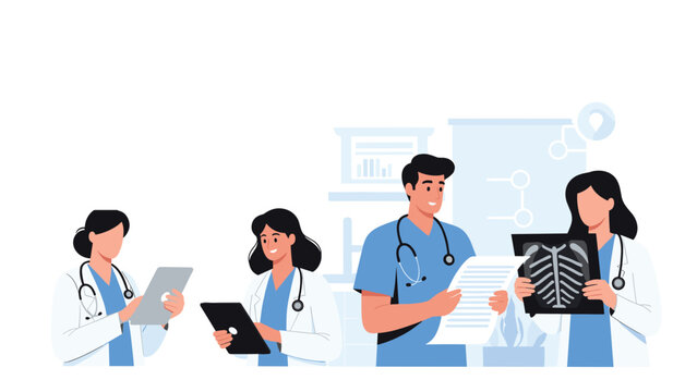 Diverse medical team of doctors and nurses in uniform holding digital tablets and examining chest X-ray together.