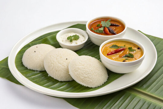 Idli Sambar Platter on Green Banana Leaf Background