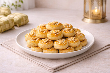 Indonesian Peanut Cookies Traditional Lebaran Festive Snack. Classic kue kacang served for Eid celebration, perfect for holiday banner, bakery promotion, menu design, packaging, cookbook illustration.