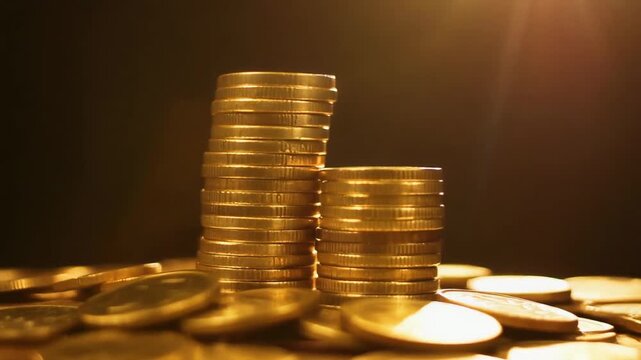 Stacks of gold coins arranged on a surface with warm lighting from above