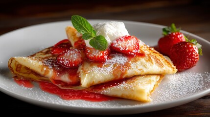 Un plato de crepes con fresas y nata