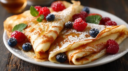 Un plato de crepes con ar&aacute;ndanos y fresas