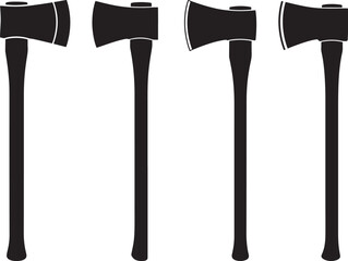 Four sharp axes with wooden handles, presented in black silhouette against a white backdrop.