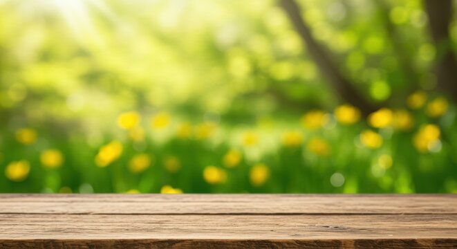 Wooden table surface in front of a sunlit meadow with yellow flowers and green foliage